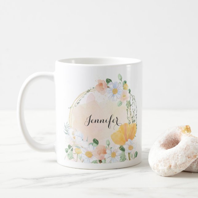 Floral Daisy und Tulips personalisierte Mug Kaffeetasse (Mit Donut)
