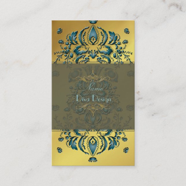 Floral Damask Aquamarines Gold Visitenkarte (Vorderseite)