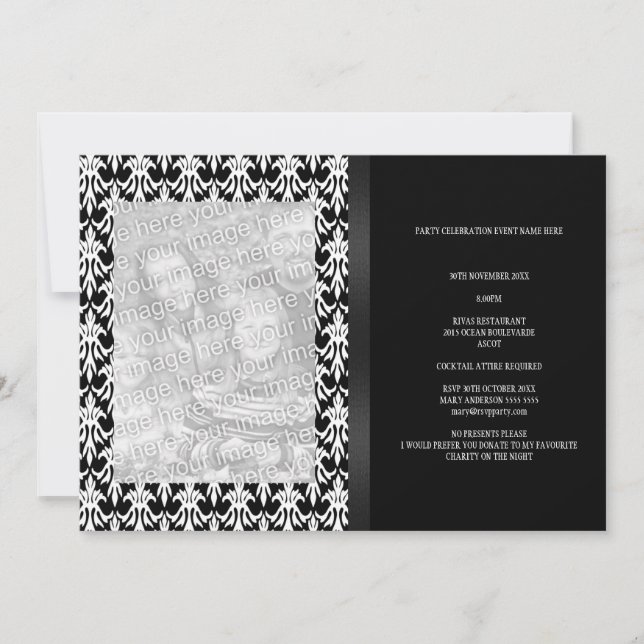 Floral Damask Black & White Foto Alle Veranstaltun Einladung (Vorderseite)