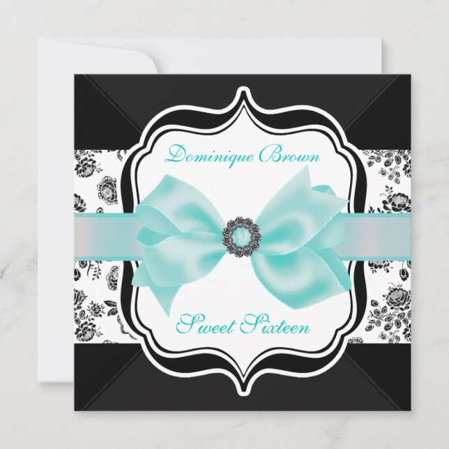 Floral Damask Einladung mit Aquamarinem Bow (Vorderseite)