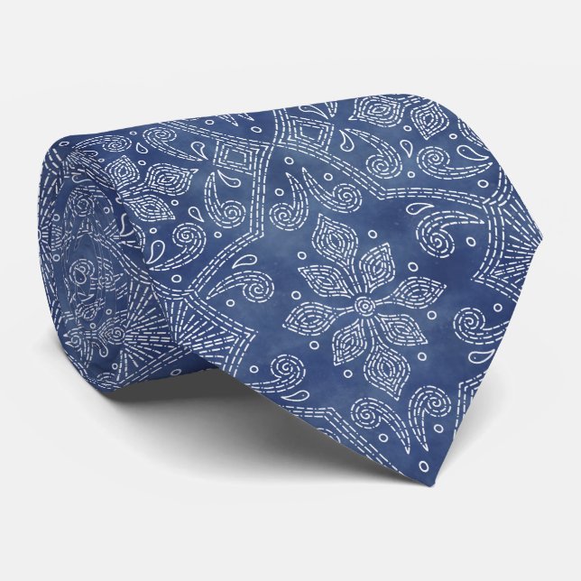 Floral Damask Line Art: Denim Blue Krawatte (Gerollt)