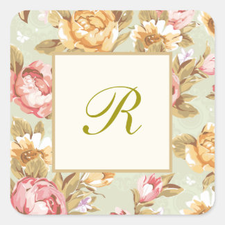 Floral Damask Monogram Quadratischer Aufkleber