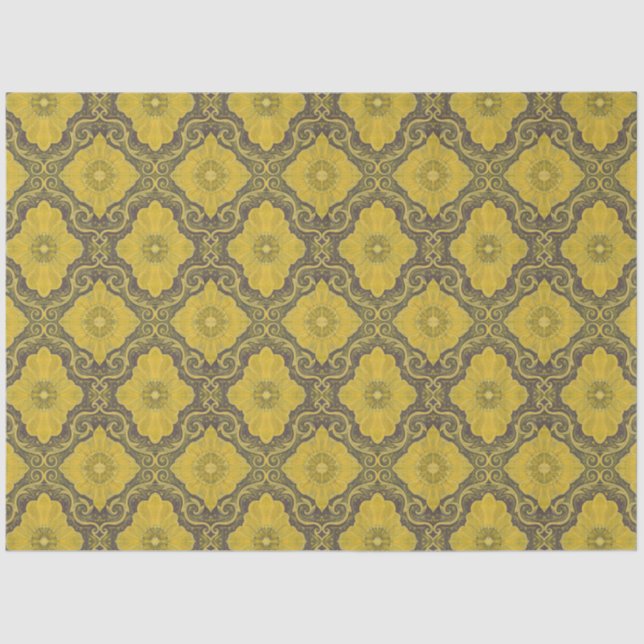 Floral Damask Muster Gelbe Blumen Husk Brown Seidenpapier (Vorderseite)