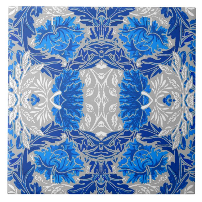 Floral Damask, Sapphire Blue und Grau Fliese (Vorderseite)