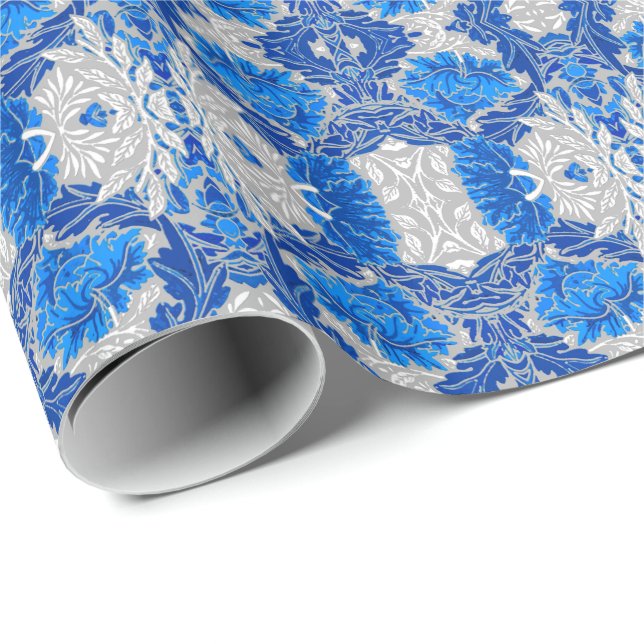 Floral Damask, Sapphire Blue und Grau Geschenkpapier (Rolleneckpunkt)
