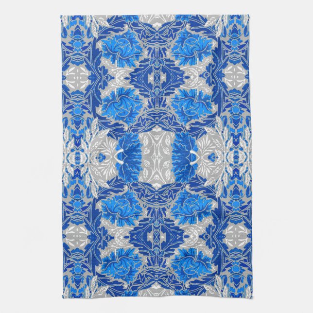 Floral Damask, Sapphire Blue und Grau Geschirrtuch (Vertikal)