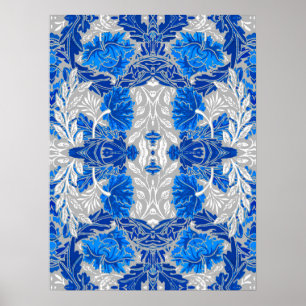 Floral Damask, Sapphire Blue und Grau Poster