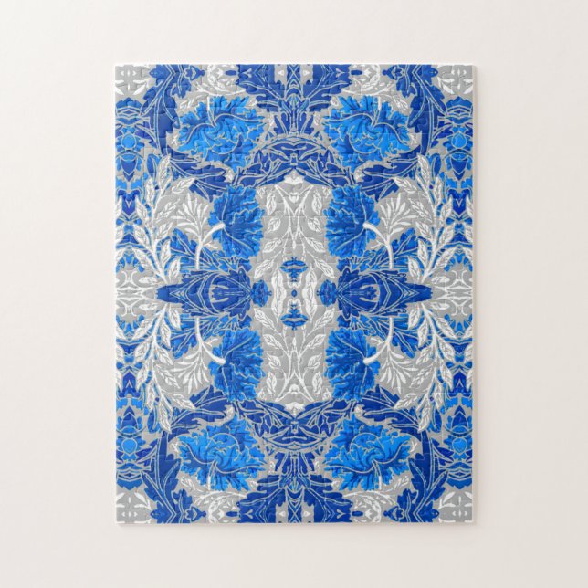 Floral Damask, Sapphire Blue und Grau Puzzle (Vertikal)