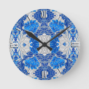 Floral Damask, Sapphire Blue und Grau Runde Wanduhr