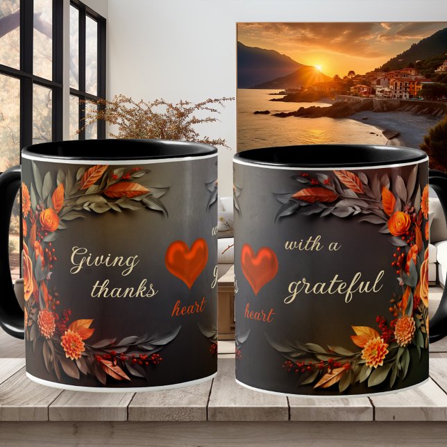 Floral Dankbarkeit Herzkartentafel Tasse (Mug with a floral design on chalkboard with an optional heart - Thanksgiving - teacher appreciation)