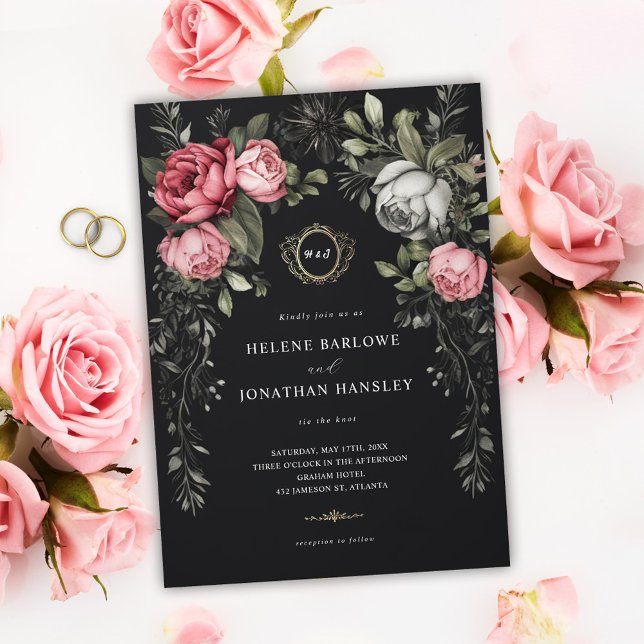 Floral Dark Moody Monogram Wedding Einladung (Floral Dark Moody Monogram Wedding Invitation)