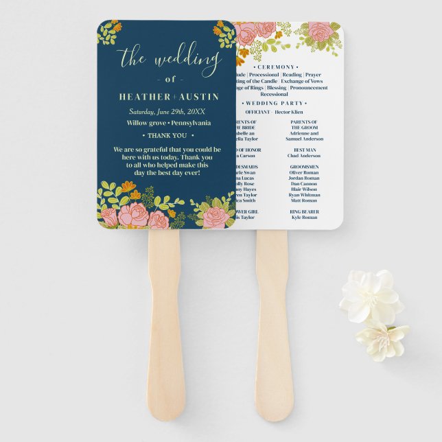 Floral Dark Navy Blue Wedding Botanic Program Fächer (Vorne und Hinten)