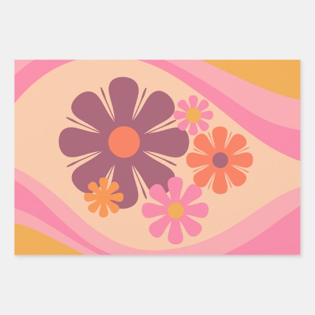 Floral Daydream Retro Blume Muster Rosa Orange Geschenkpapier Set (Vorderseite)