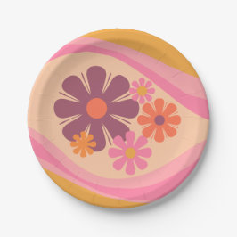 Floral Daydream Retro Blume Muster Rosa Orange Pappteller