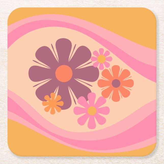Floral Daydream Retro Blume Muster Rosa Orange Rechteckiger Pappuntersetzer (Vorderseite)