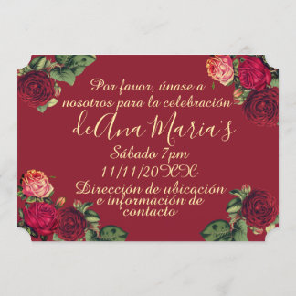 Floral de Borgoña Quinceanera Celebración Einladung