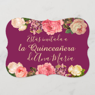 Floral de Borgoña Quinceanera Celebración Einladung
