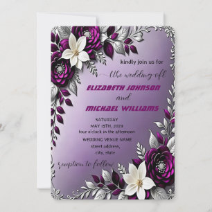 Floral Deep Lila Silver Wedding Einladung