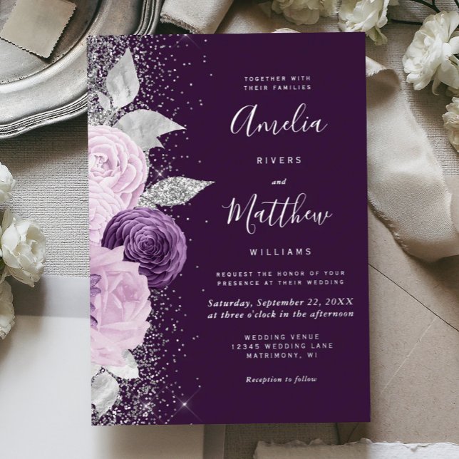 Floral Deep Purple Silver Glitter Wedding Folieneinladung (Von Creator hochgeladen)