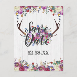 Floral Deer Antler Bouquet Burgundy Save the Date Ankündigungspostkarte