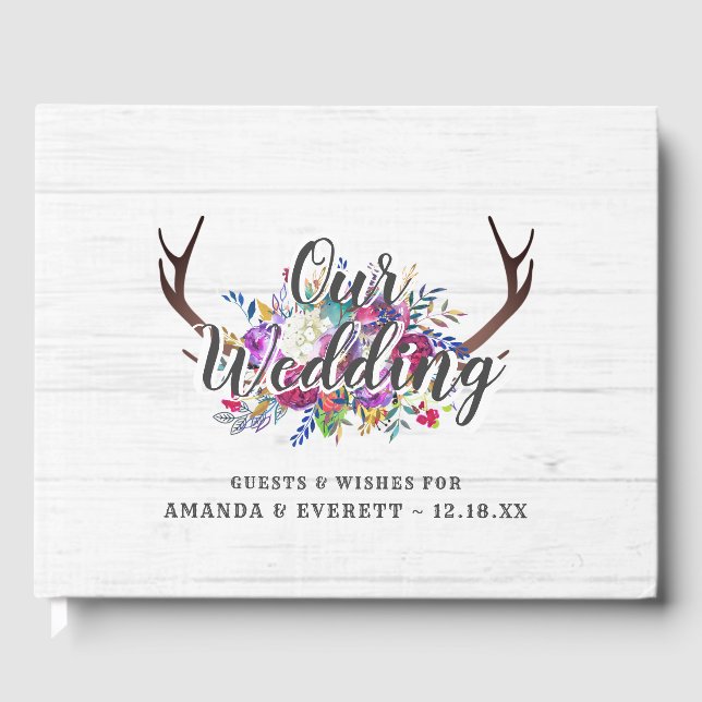 Floral Deer Antler Bouquet Rustic Wedgram Gästebuch (Vorderseite)