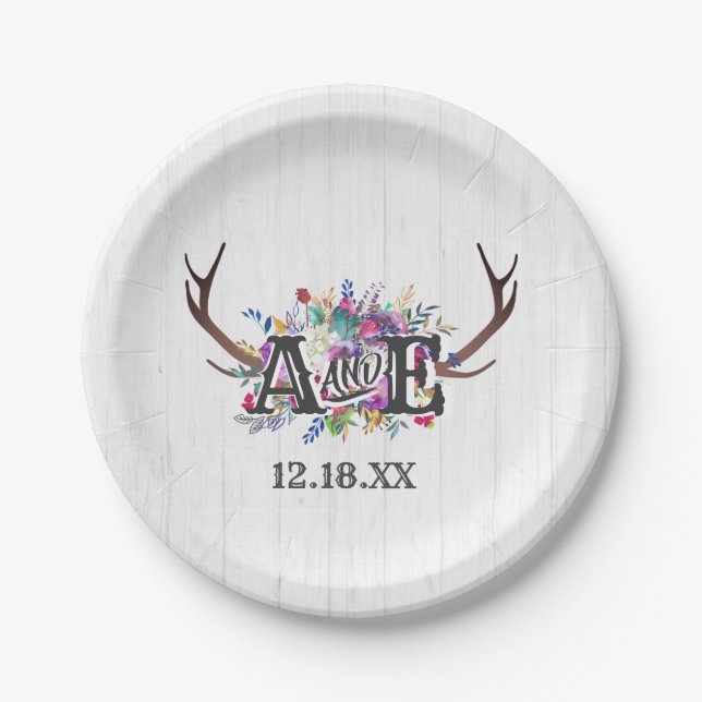 Floral Deer Antler Bouquet Rustic Wedgram Pappteller (Vorderseite)