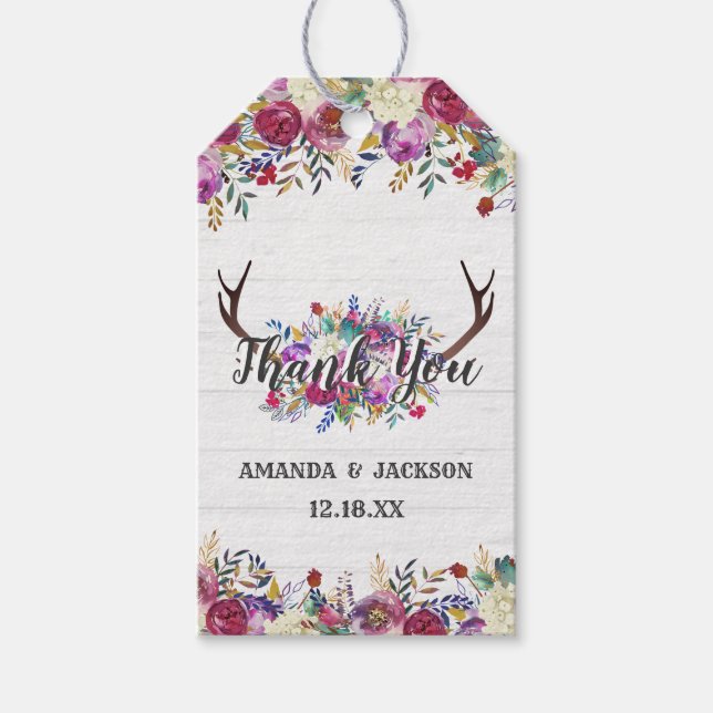 Floral Deer Antler Bouquet Wedding Vielen Dank Geschenkanhänger (Vorderseite)