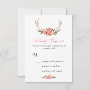 Floral Deer Antler Wedding RSVP Antwort
