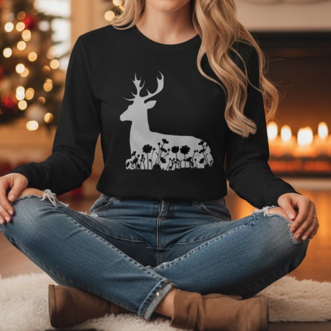 Floral Deer Nature Wildlife Christmas Gift T-Shirt (loral Deer Silhouette T-Shirt Nature Wildlife Christmas Gift)