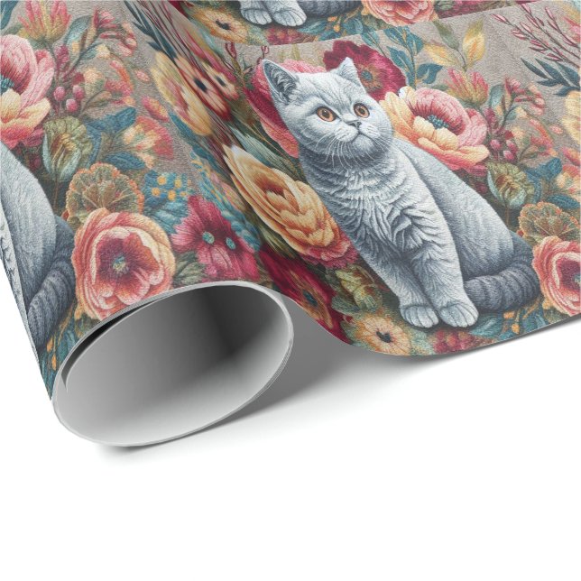 Floral Delight British shorthair Cat, Niedlich Kit Geschenkpapier (Rolleneckpunkt)