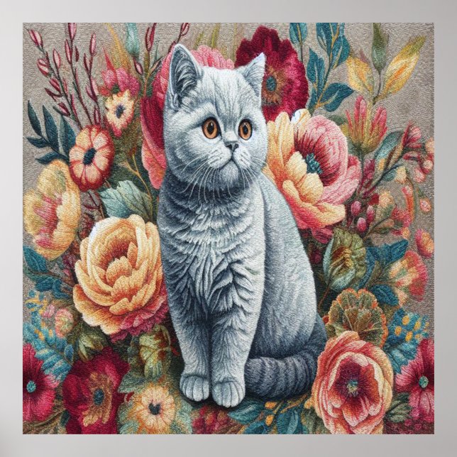 Floral Delight British shorthair Cat, Niedlich Kit Poster (Vorne)