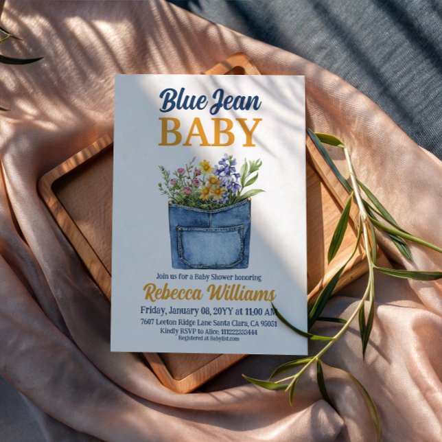Floral Denim Pocket Yellow Blue Jean Baby Shower Einladung (Von Creator hochgeladen)