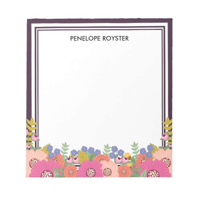 Floral Design Dark Plum White Name Notepad Notizblock (Vorderseite)