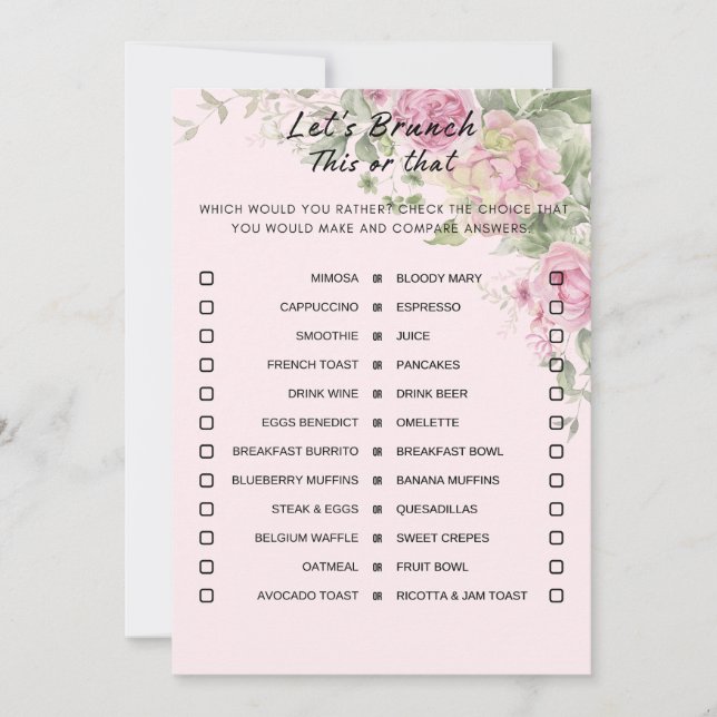 Floral Dieses oder jenes Brunch Party Game Einladung (Vorderseite)