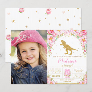 Floral Dinosaur Birthday Girl T-Rex Foto Einladung