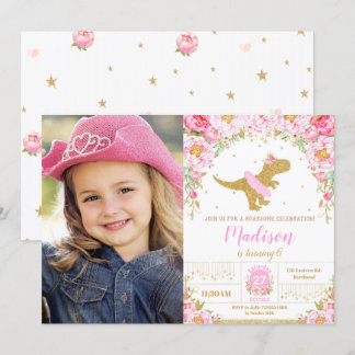 Floral Dinosaur Birthday Girl T-Rex Tutu Foto Einladung