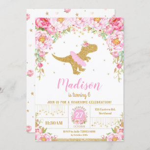 Floral Dinosaur Birthday Invitation Girl T-Rex Einladung
