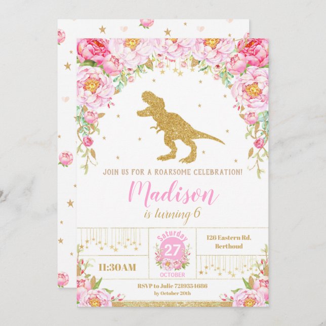 Floral Dinosaur Birthday Invitation Girl T-Rex Einladung (Vorne/Hinten)