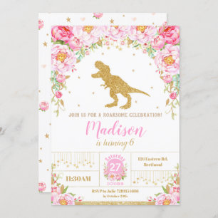Floral Dinosaur Birthday Invitation Girl T-Rex Einladung