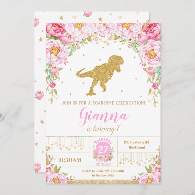 Floral Dinosaur Birthday Invitation Girl T-rex Einladung (Vorne/Hinten)