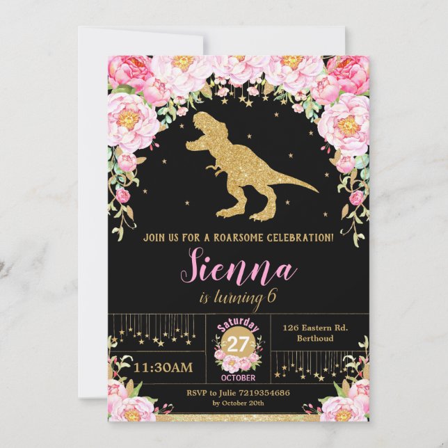 Floral Dinosaur Birthday Invitation Girl T-rex Einladung (Vorderseite)