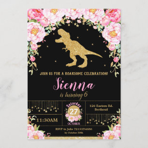 Floral Dinosaur Birthday Invitation Girl T-rex Einladung