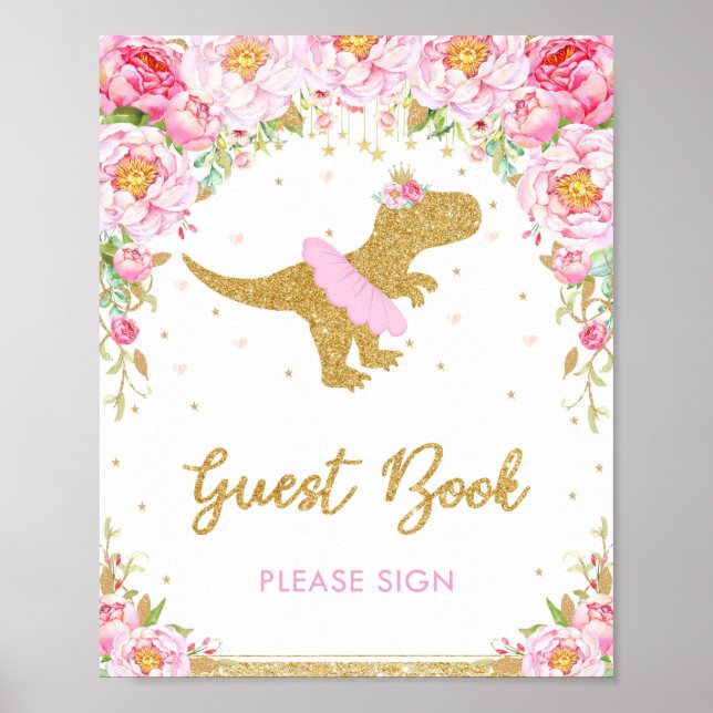 Floral Dinosaur Birthday Party T-Rex Gästebuch (Vorne)