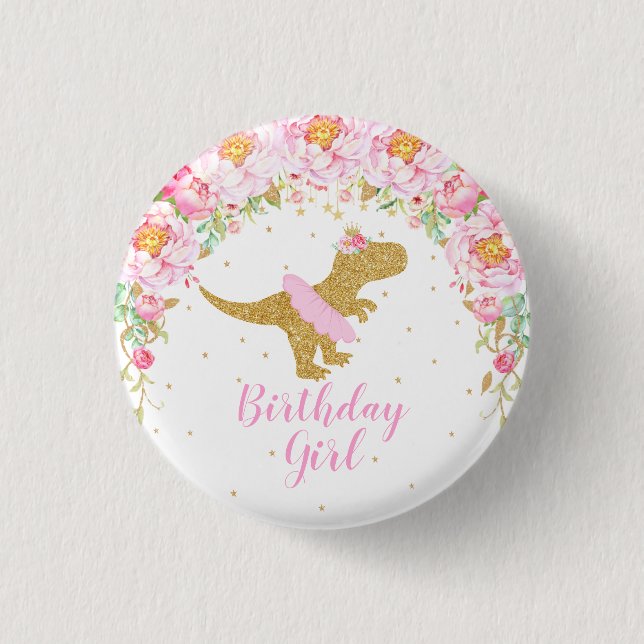 Floral Dinosaur T-Rex Birthday Girl Gast of Honour Button (Vorderseite)