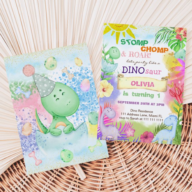 Floral Dinosaur Tropical Girl 1ST Geburtstag Einladung (Von Creator hochgeladen)