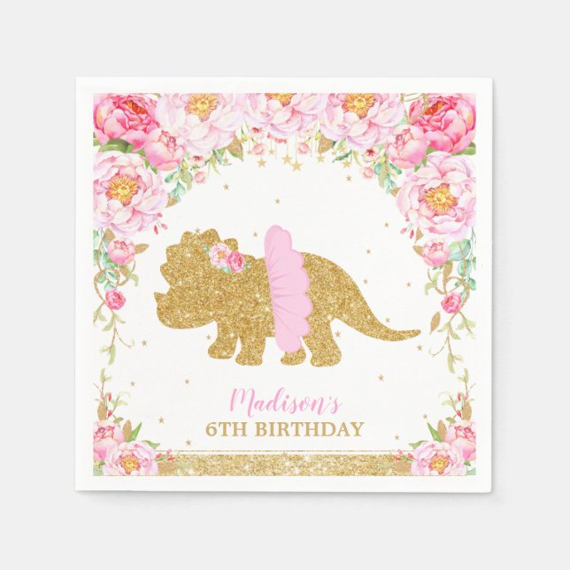 Floral Dinosaurier Birthday Pink Tutu Triceratops Serviette (Vorderseite)