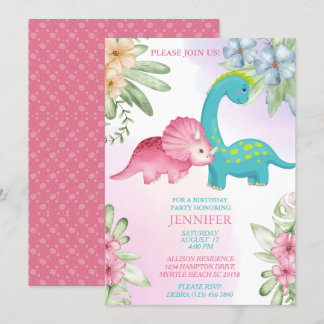 Floral Dinosaurier Girls Geburtstagsparty Einladun Einladung