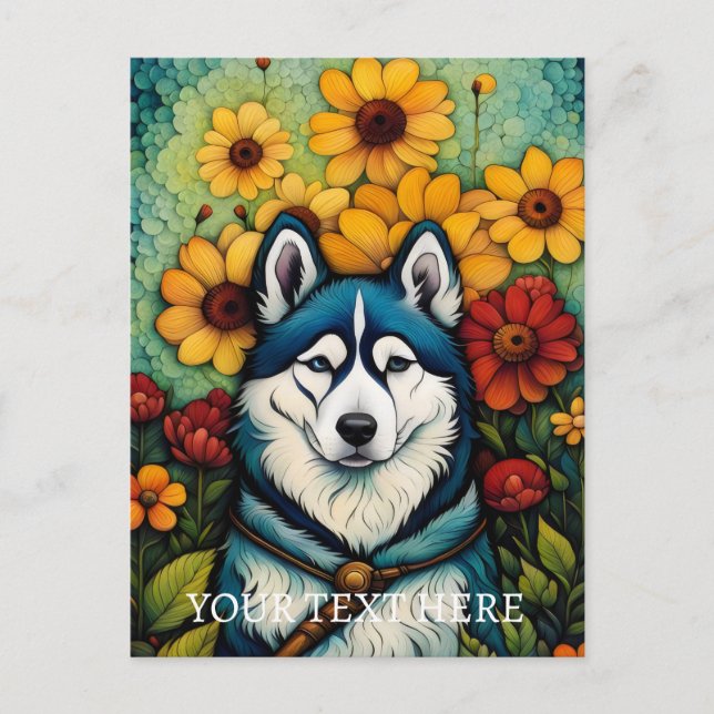 Floral Dog Art Siberian Husk Malerei Postkarte (Vorderseite)