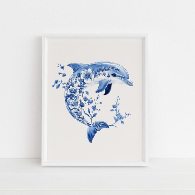 Floral Dolphin - Coastal Blue on Beige Wall Art Poster (Floral Dolphin – Coastal Blue on Beige Wall Art in a white frame on the floor.)