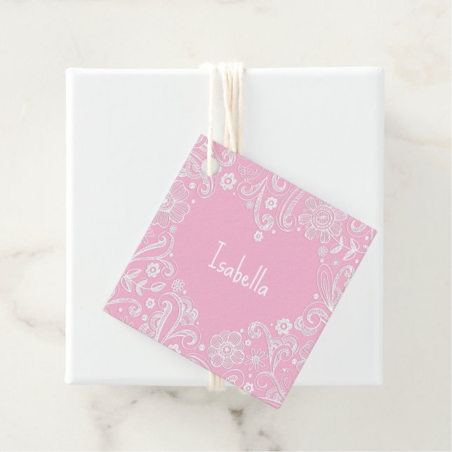 Floral Doodle Art Heart Pink NAME Liebe Whimsistis Geschenkanhänger (Beispiel)
